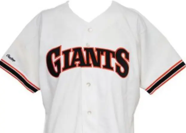 1983–1999 San Francisco Giants white button-up jersey with bold black ‘GIANTS’ lettering outlined in orange and black-orange sleeve stripes